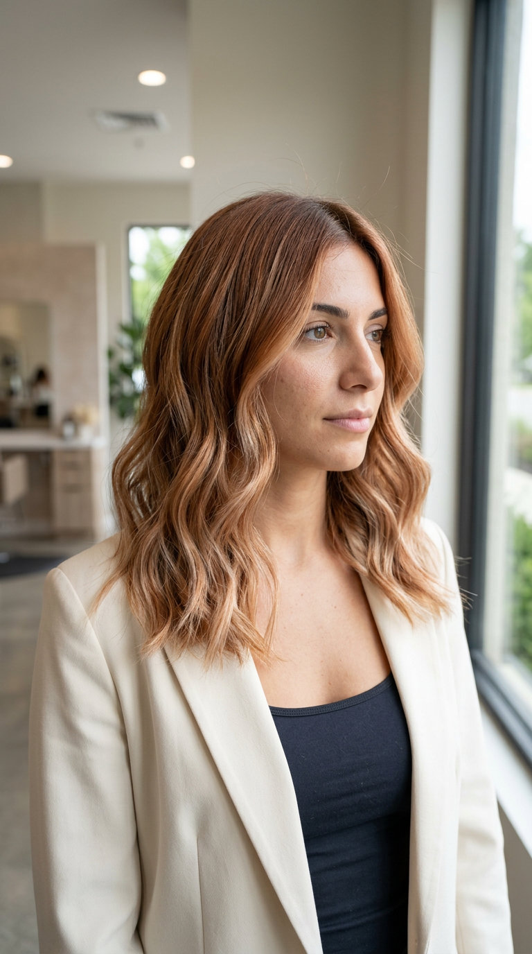 Butter Toffee Auburn Foilyage Hair Color 2026 long creamy beige-blonde and soft copper auburn foilyage with root smudge — radiant, sophisticated