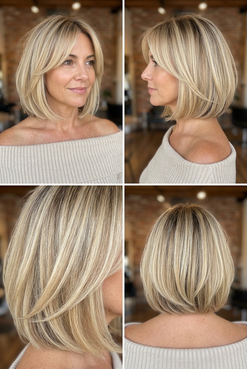 chin-length French bob haircut in buttercream blonde with honey babylights and root smudge for romantic chic