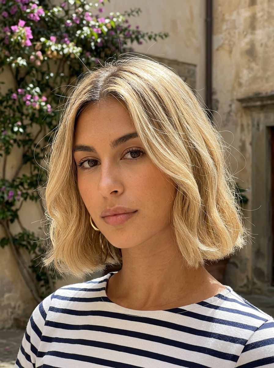 chin-length italian bob buttercream blonde with golden babylights, blunt perimeter, no fringe — chic