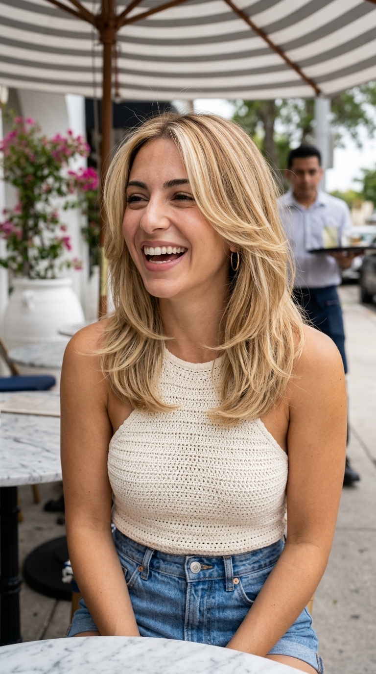 collarbone-length butterfly cut heatless hairstyle with buttercream blonde color, face-framing layers for waves — playful bohemian