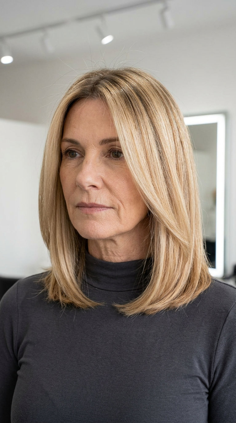 collarbone-length lob haircut in buttercream blonde with honey lowlights and root shadow for elegance