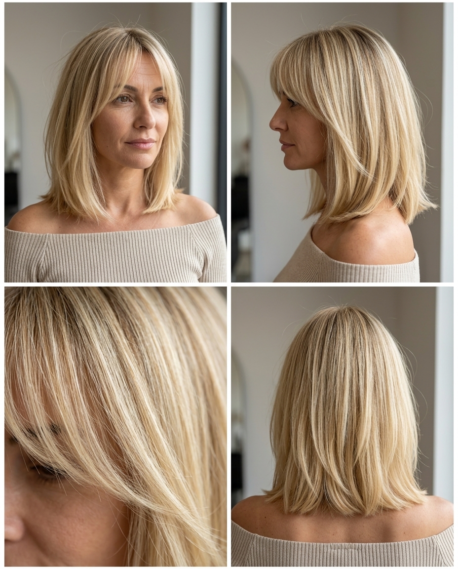 collarbone-length lob haircut in warm buttercream blonde with wispy fringe for summer