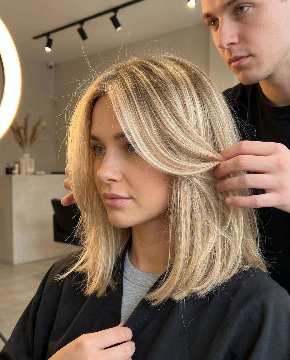 collarbone-length long bob buttercream blonde with golden balayage, seamless layers for summer