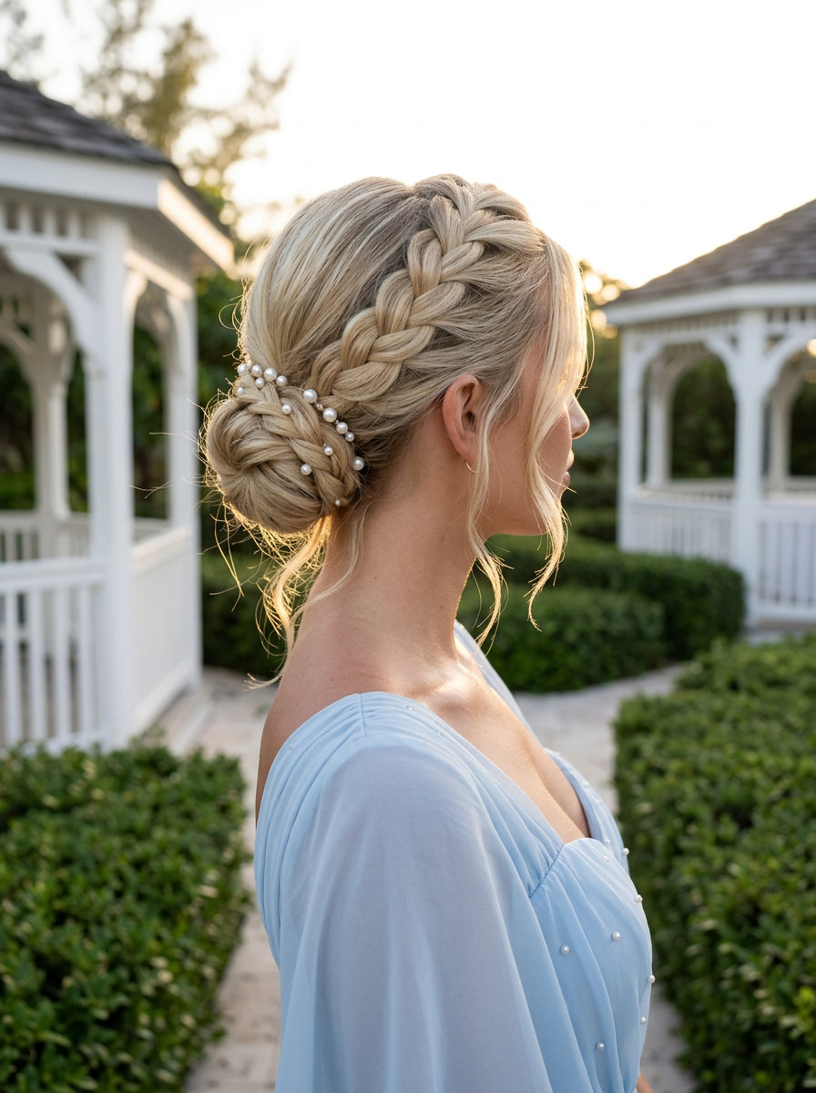 Elegant Pearl Braided Updo 2026 long braided updo in buttercream blonde with pearl pins for a summer wedding