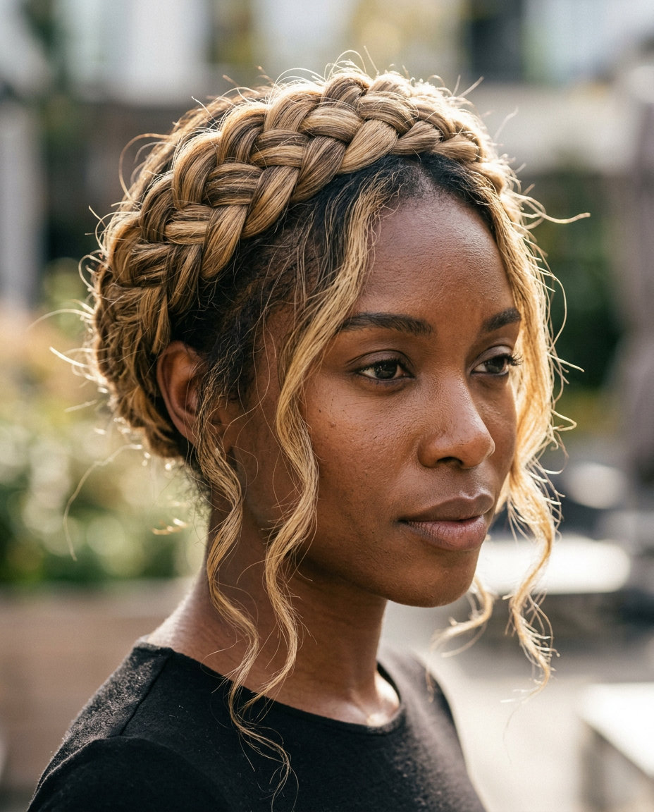 long warm buttercream blonde braided crown with tendrils for summer 2026