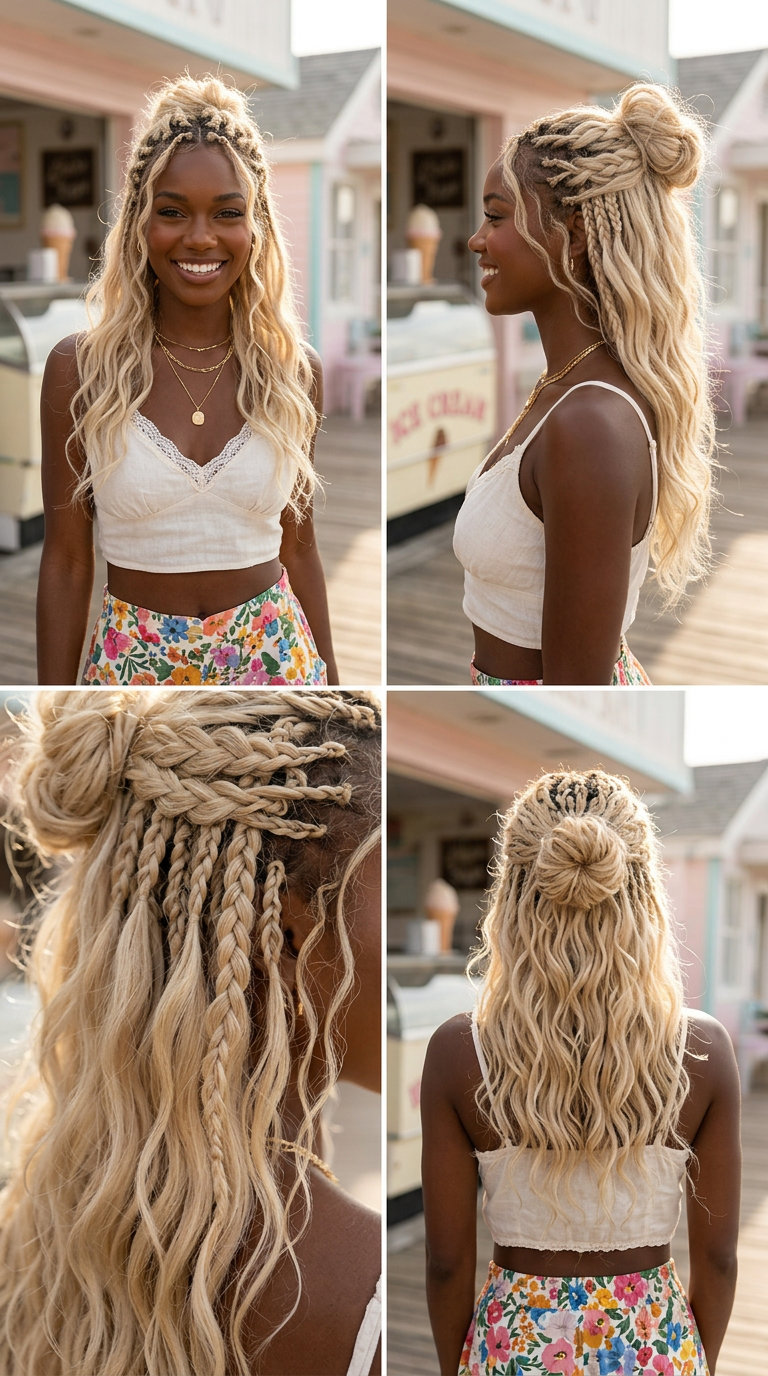 Boho Bloom Half-Up Bun 2026 long half-up braided bun in buttercream blonde with gold pins for weekend brunch