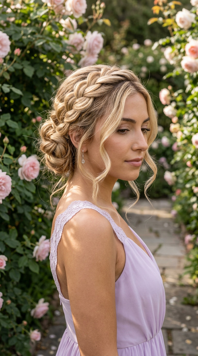 Ethereal Rose Braided Updo 2026 long braided updo in buttercream blonde with honey babylights for outdoor wedding