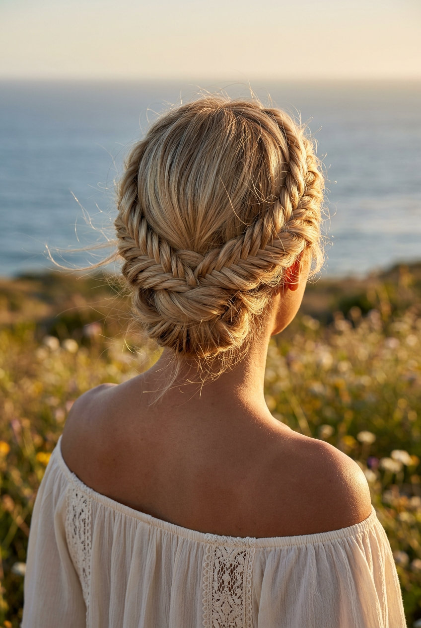 Ethereal Fishtail Crown Braid 2026 long fishtail crown braid in buttercream blonde with honey highlights for garden party