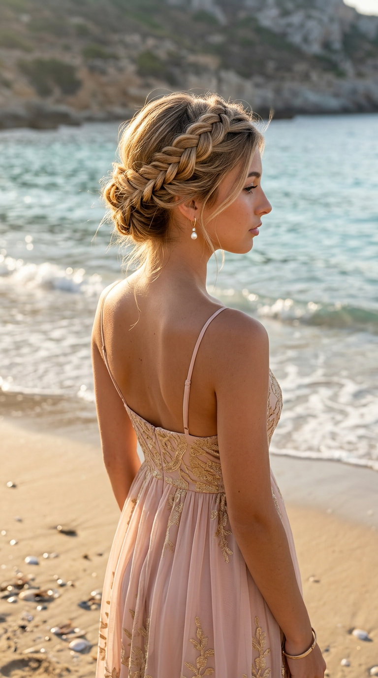 Ethereal Buttercream Blonde Fishtail Crown 2026 long buttercream blonde braided updo with golden babylights, French fishtail braid crown for wedding guest