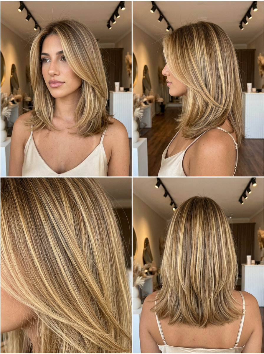 long layered haircut buttercream blonde with golden-yellow highlights, honey-brown base, face-framing money pieces for summer