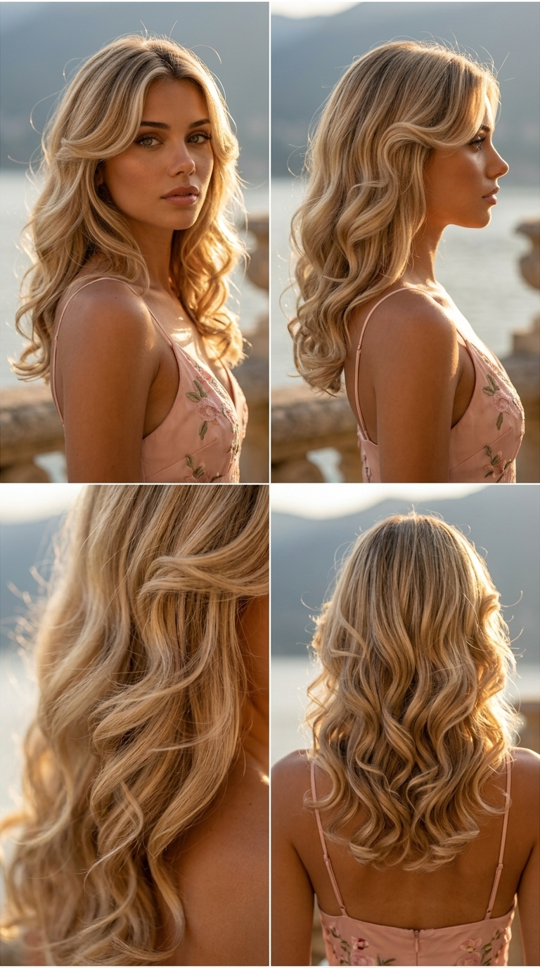 long layered cut heatless hairstyle with buttercream blonde color, face-framing babylights for pin curls — romantic vintage