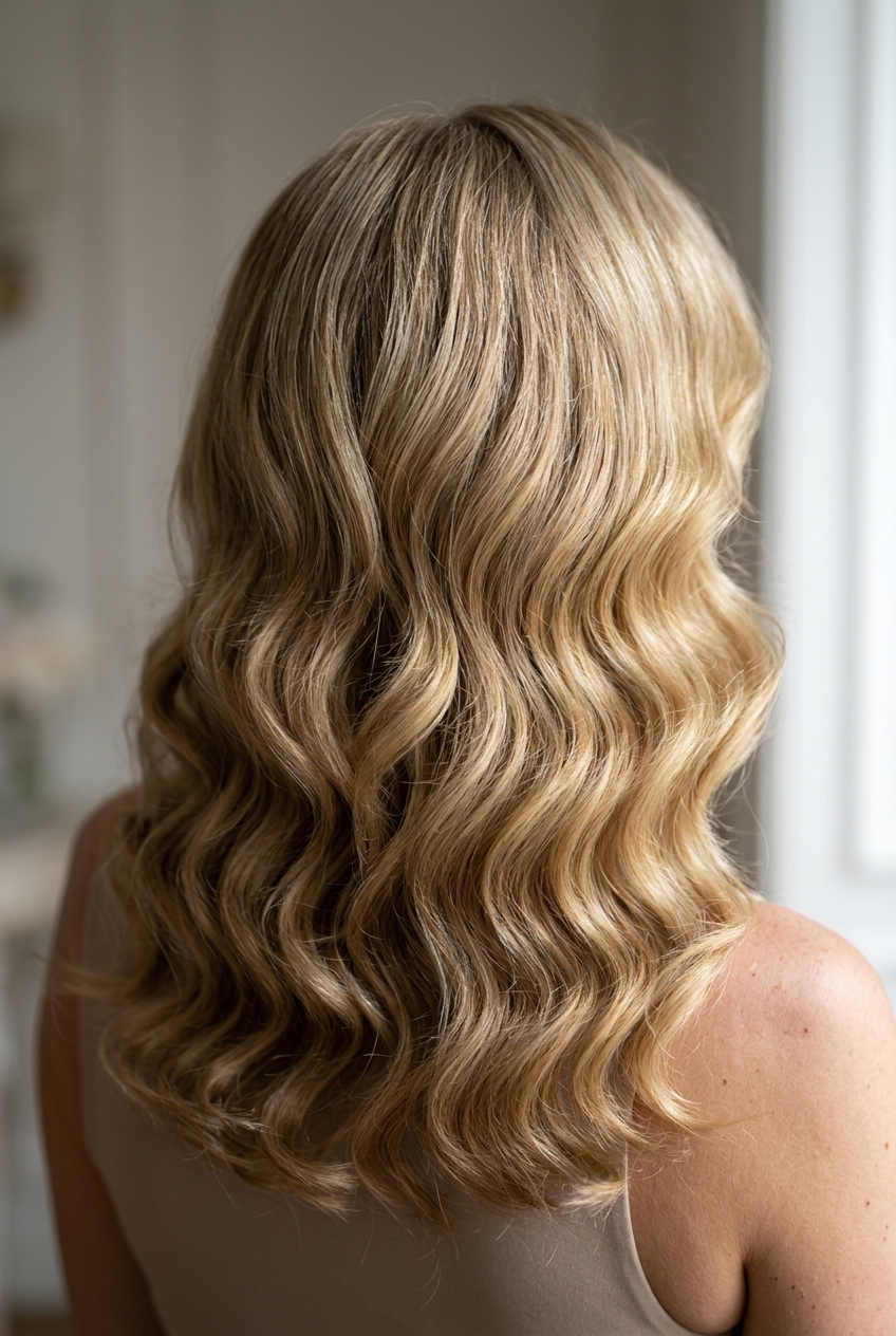 long haircut with buttercream blonde & golden babylights, sweeping layers, no fringe for formal event
