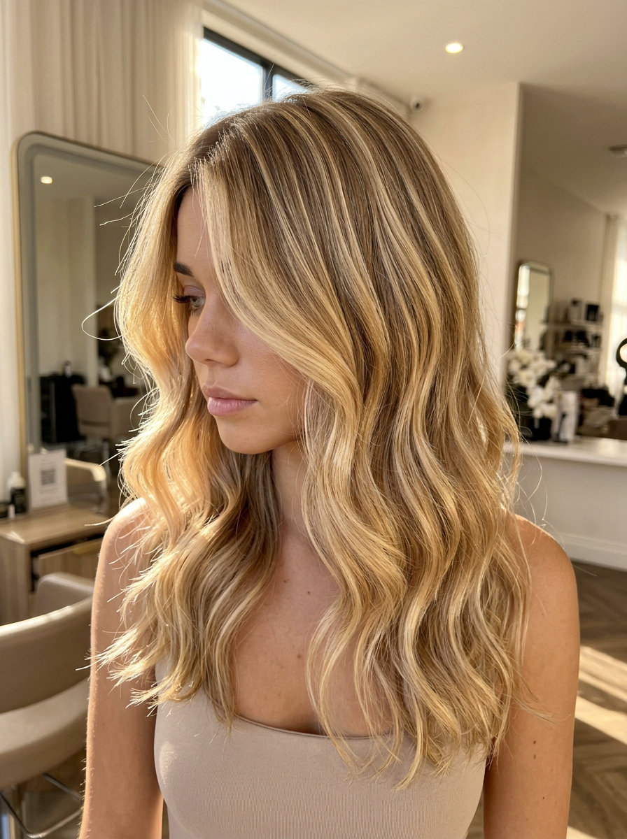 long layered haircut with face-framing pieces, buttercream blonde balayage with honey base, warm golden highlights — romantic glamorous