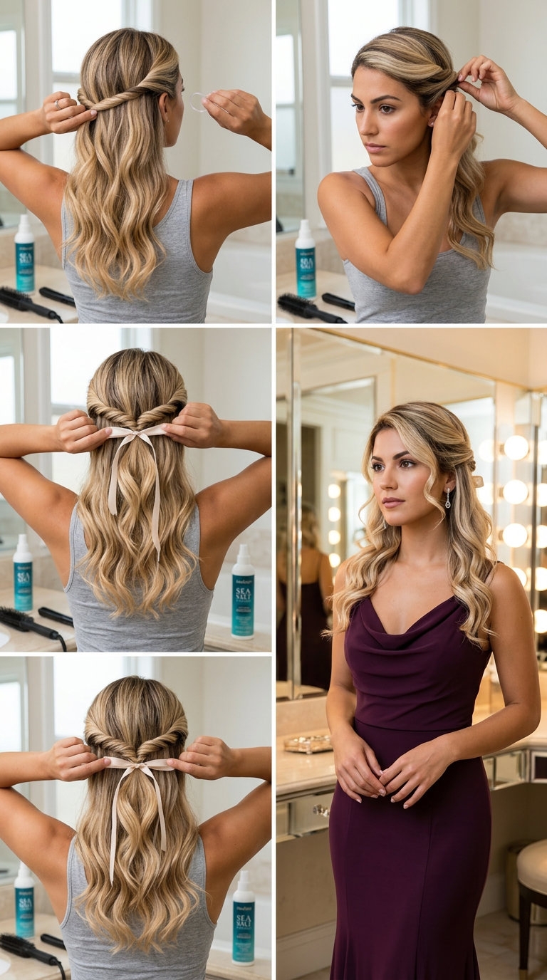 long buttercream blonde ethereal twist with honey lowlights, vanilla highlights, ribbon bow — romantic wedding guest