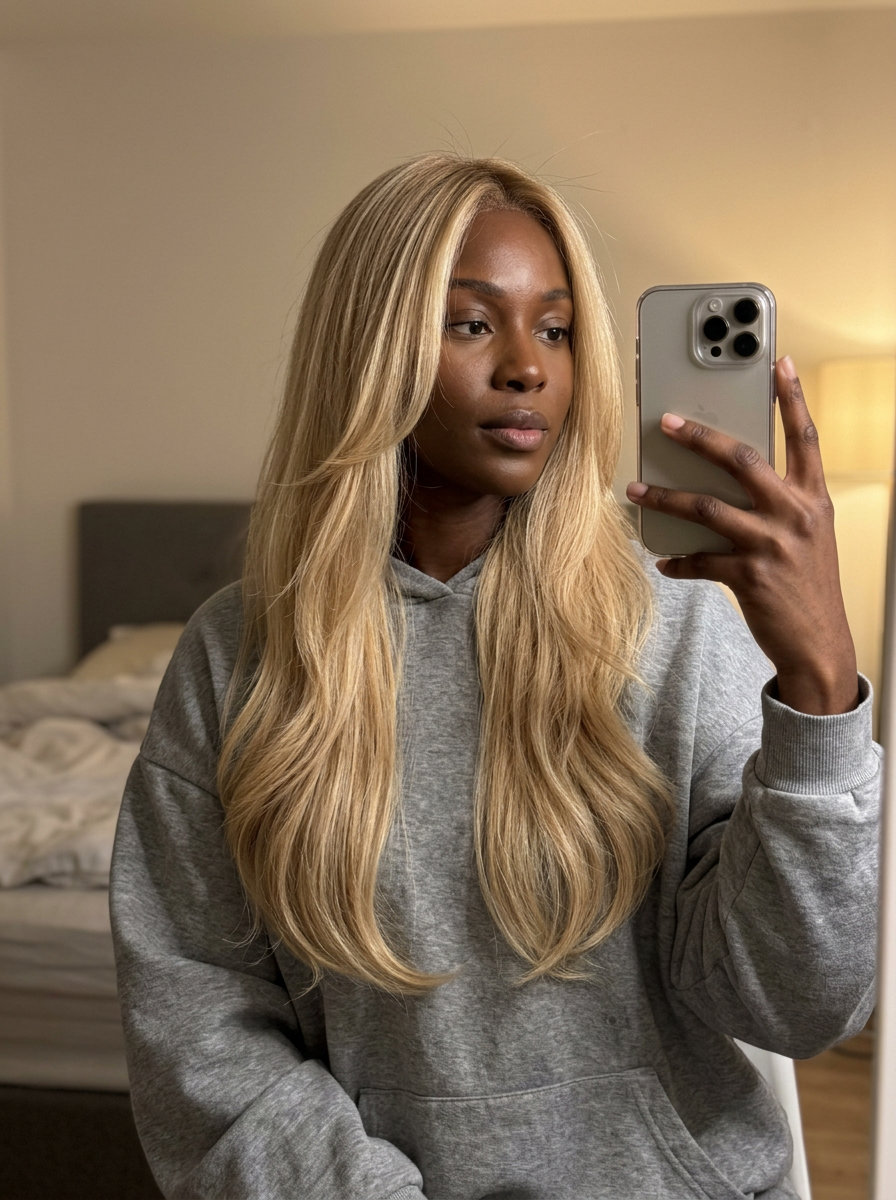 long U-cut haircut in buttercream blonde with honey highlights for round faces