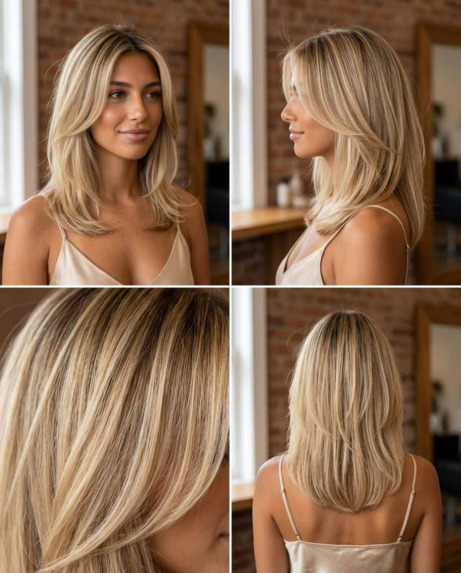 medium butterfly haircut in buttercream blonde with honey babylights, face-framing layers, romantic dinner
