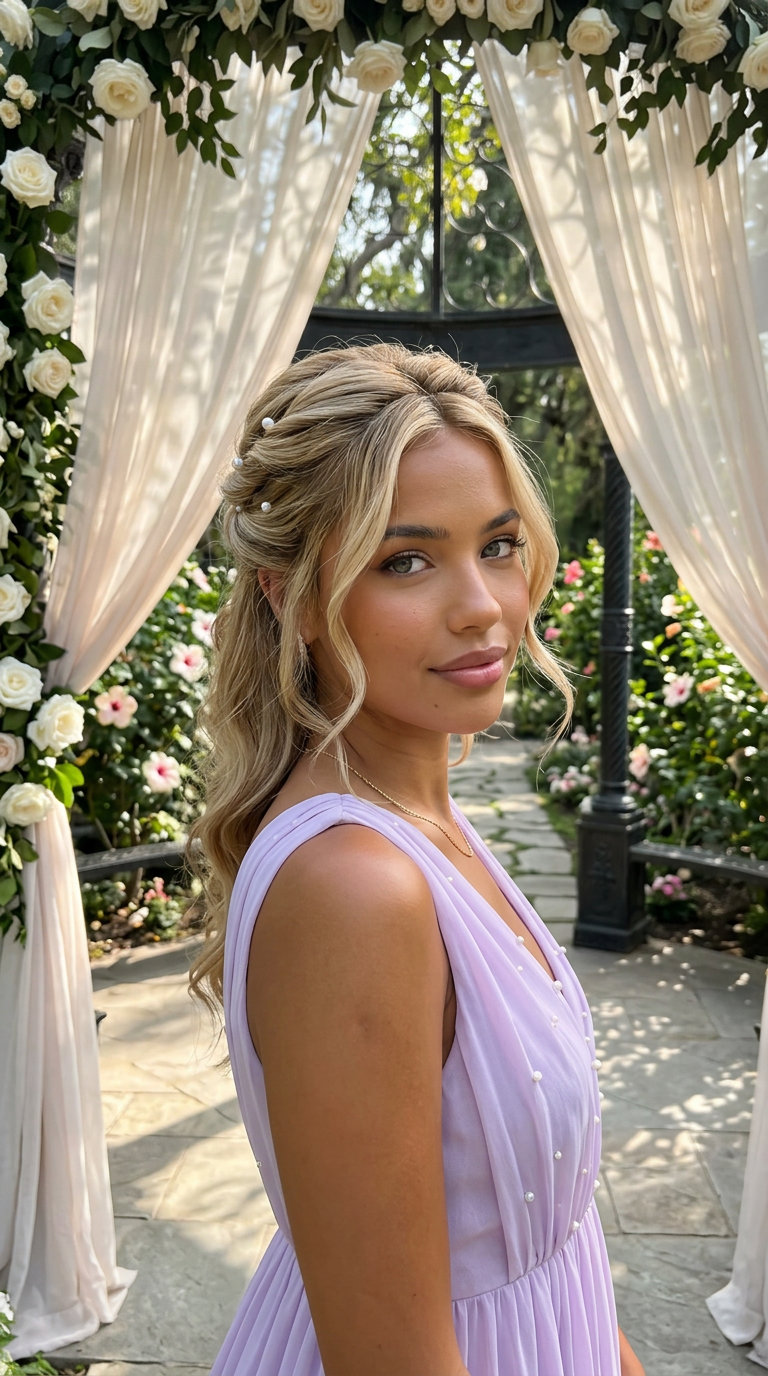 medium buttercream blonde half-up twist with honey babylights, soft twists, face-framing tendrils — romantic wedding guest
