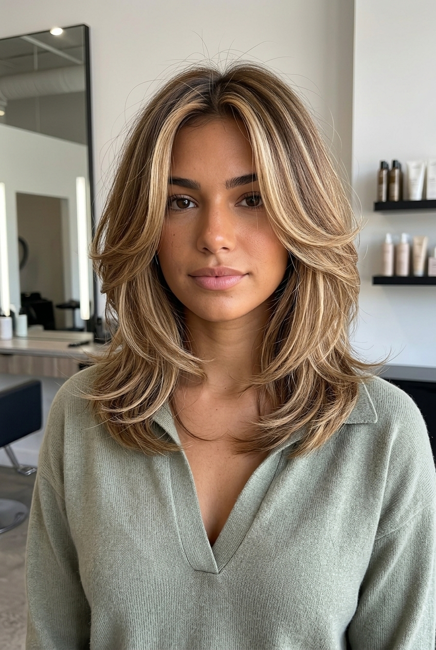 medium buttercream blonde lob with honey money pieces and butterfly layers for brunch