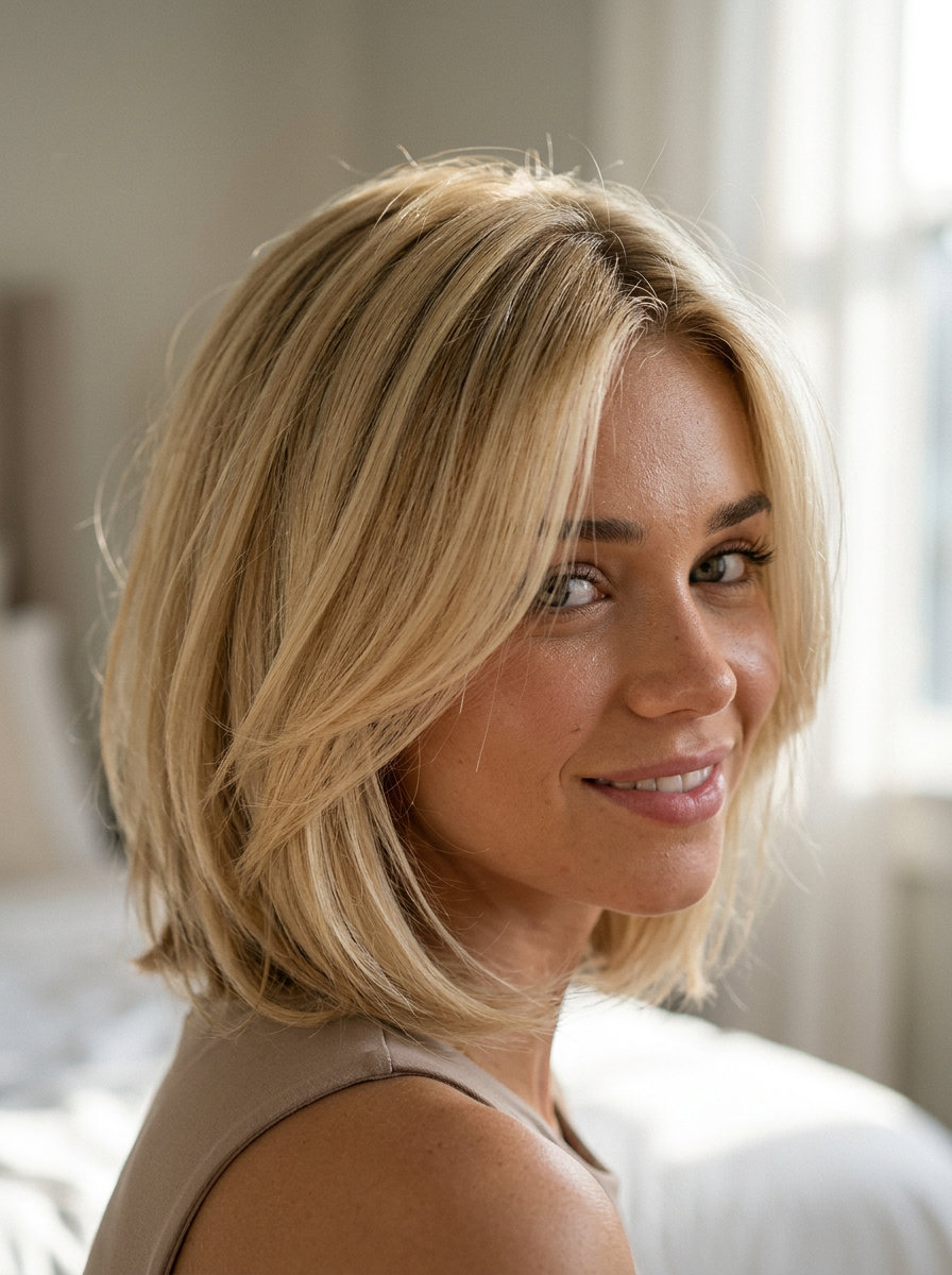short buttercream blonde bob haircut with babylights and soft root shadow for summer