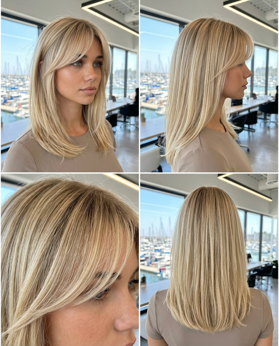 short layered bob with buttercream blonde and vanilla highlights, side-swept micro-fringe for professional events