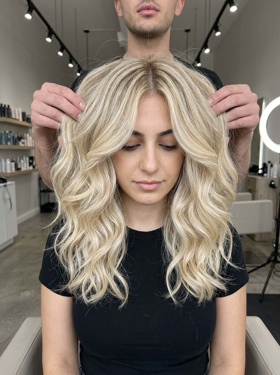 shoulder-length butterfly haircut in buttercream blonde with vanilla babylights, rounded layers, romantic getaway