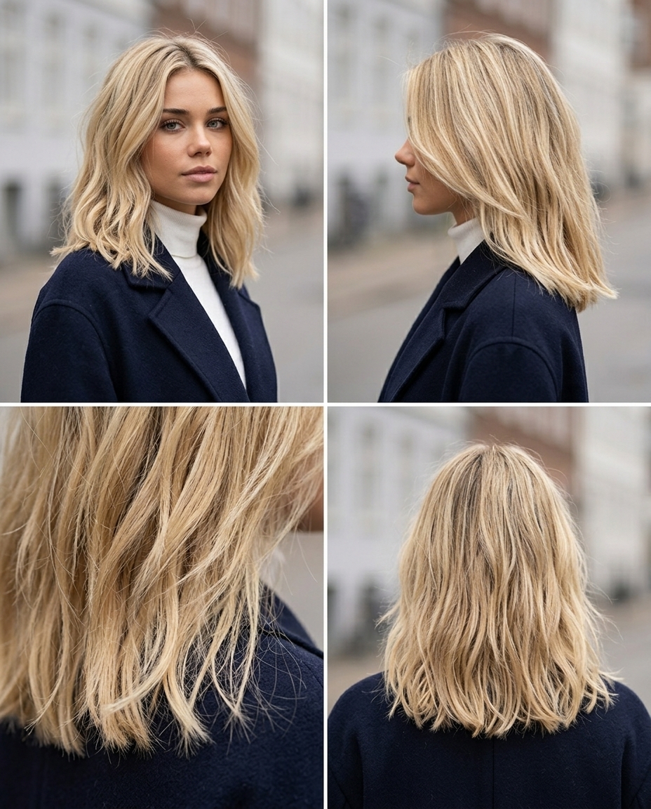 shoulder-length lob heatless hairstyle with buttercream blonde color, choppy internal layers for waves — minimalist chic