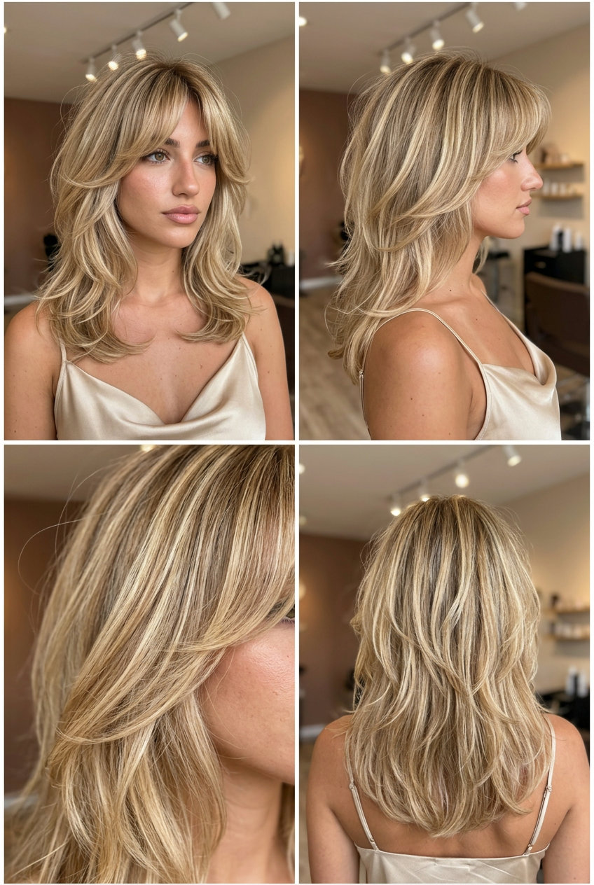 shoulder-length shag haircut with warm buttercream blonde and creamy highlights, feathered layers, bottleneck bangs — soft feminine