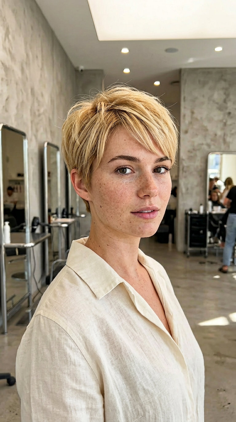 Buttercream Blonde Pixie 2026: Radiant & Effortless very short pixie haircut with buttercream blonde, honey lowlights, vanilla root shadow, feathered layers