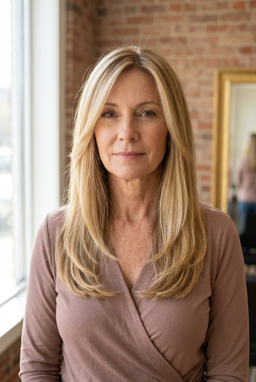 chest-length long haircut with buttercream blonde, honey lowlights, no bangs for casual daily