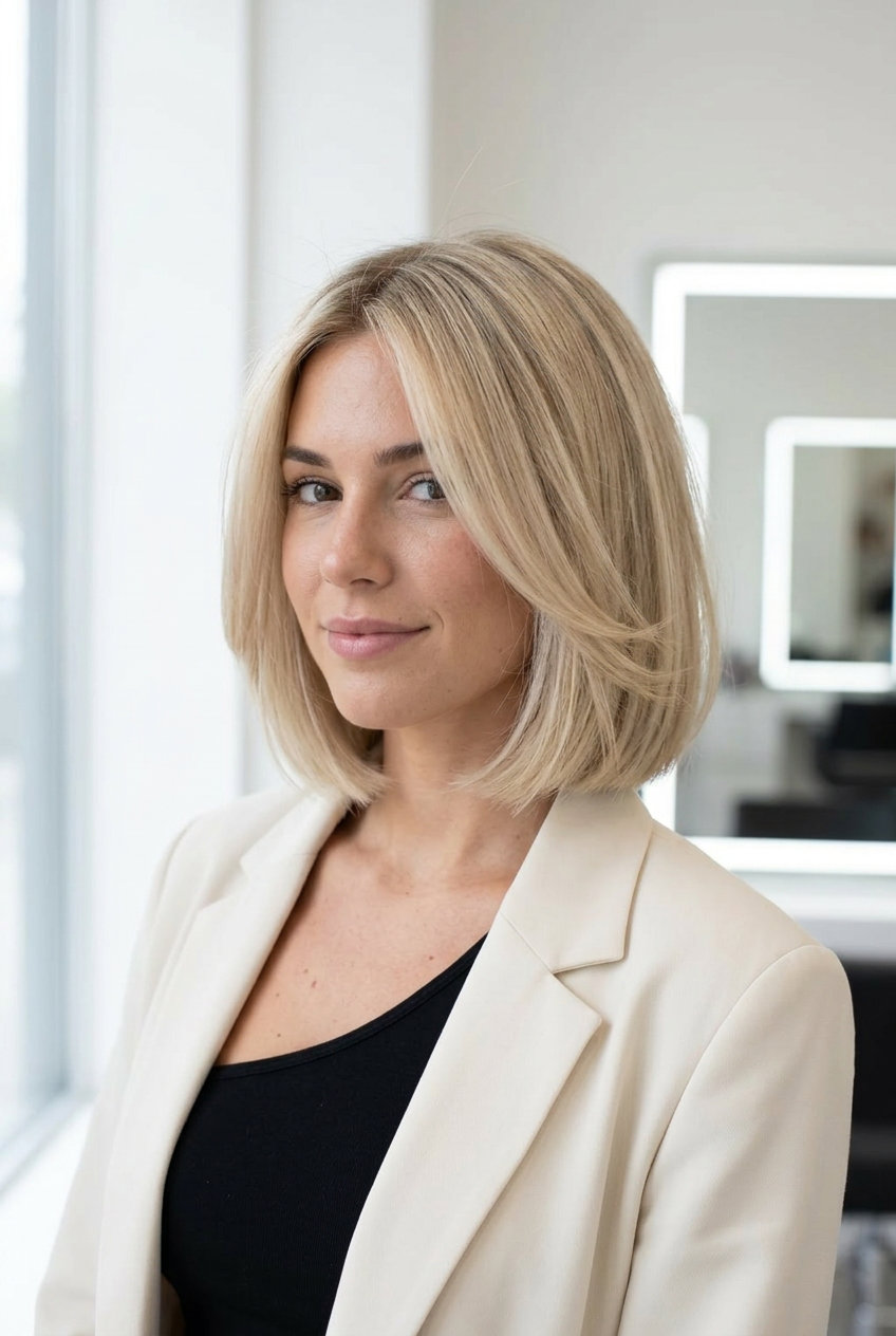 chin-length platinum bob haircut with buttercream blonde color and blunt cut for sophistication