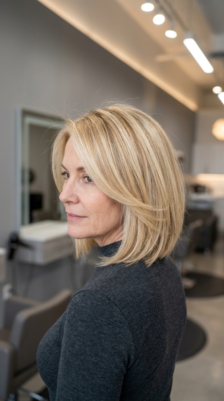 collarbone-length soft bob haircut with buttercream blonde, honey babylights, no bangs for summer garden party