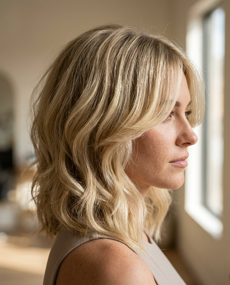 collarbone-length shag haircut in buttercream blonde with honey lowlights, sculpted layers, curtain bangs — chic professional