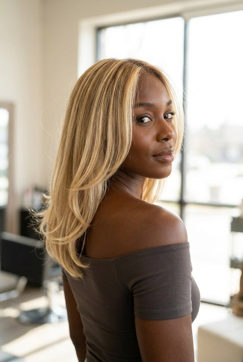midi flick hair with creamy yellow blonde, golden undertones, Air Touch balayage — romantic radiance