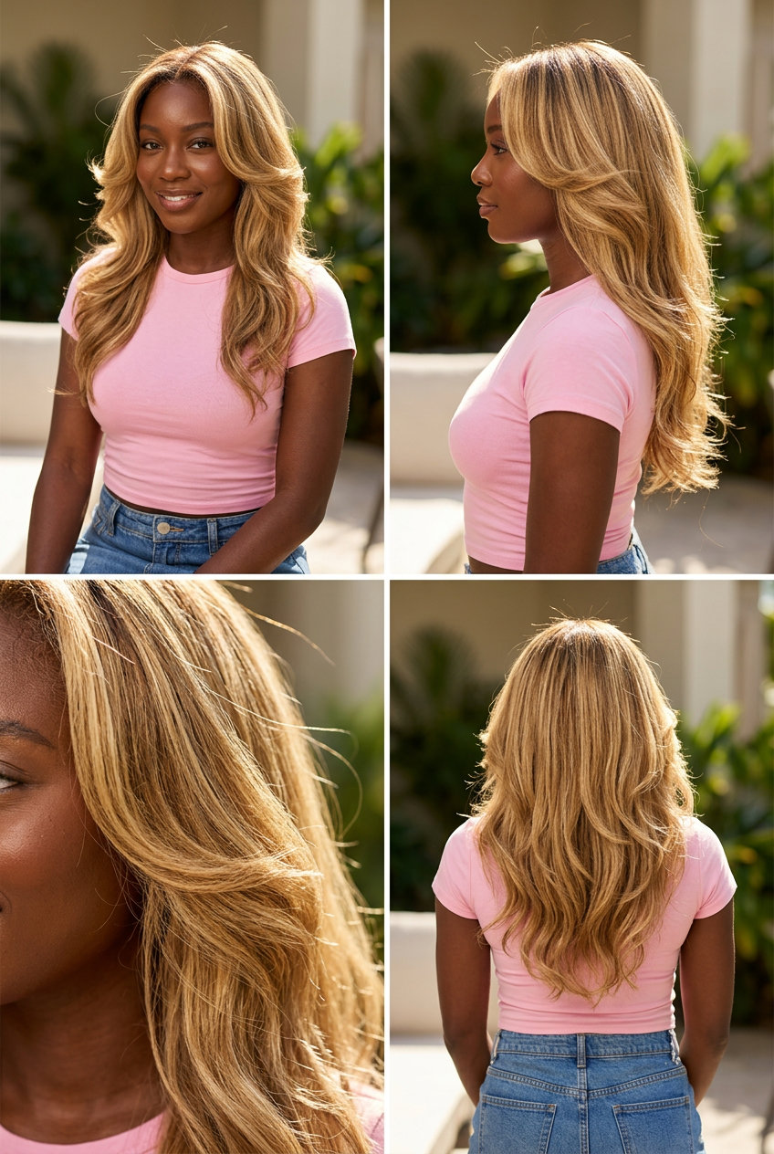 long buttercream blonde wavy hairstyle with golden babylights, face-framing layers, and vanilla root shadow for summer