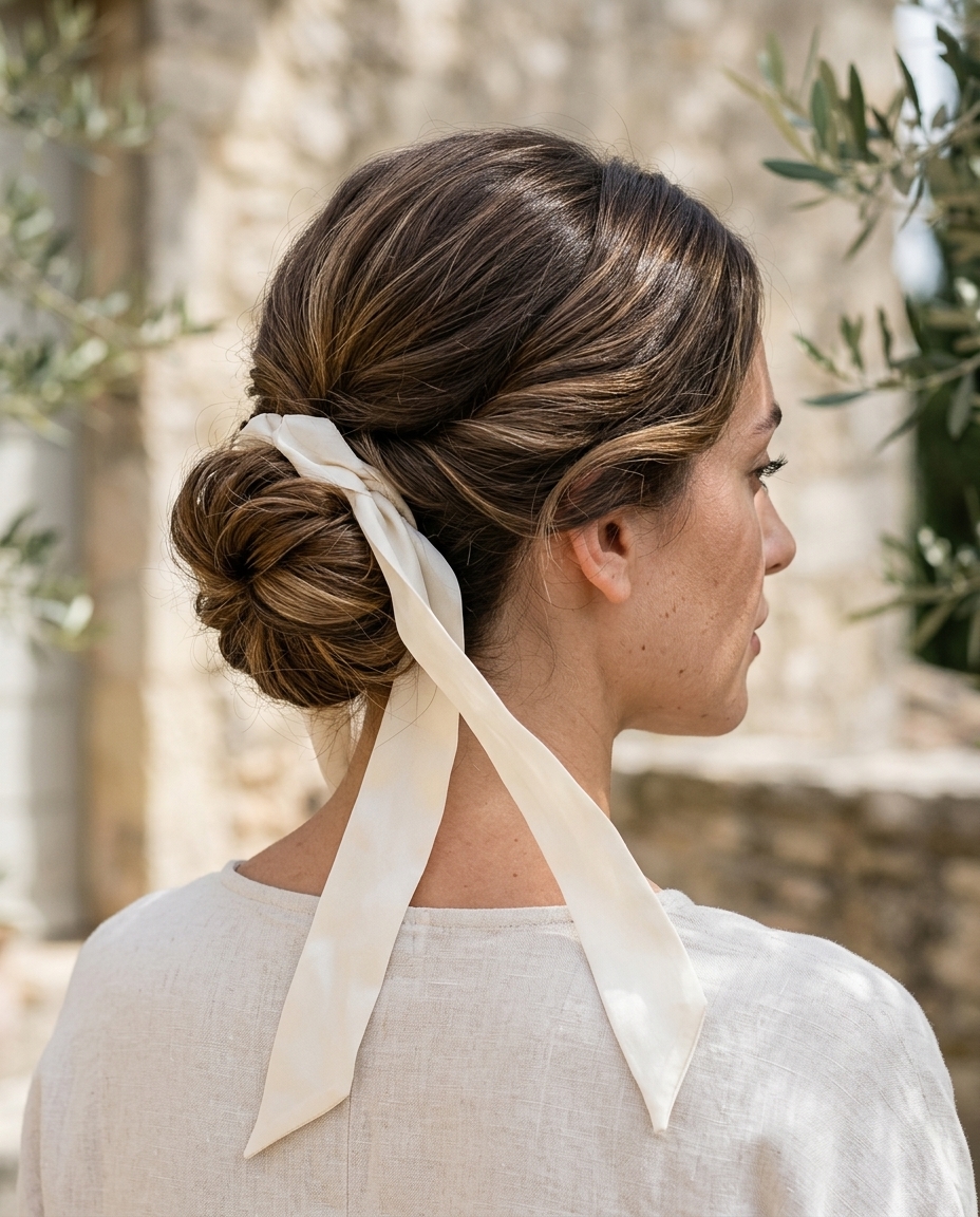 long buttercream blonde sculpted updo with silk ribbon for wedding guest