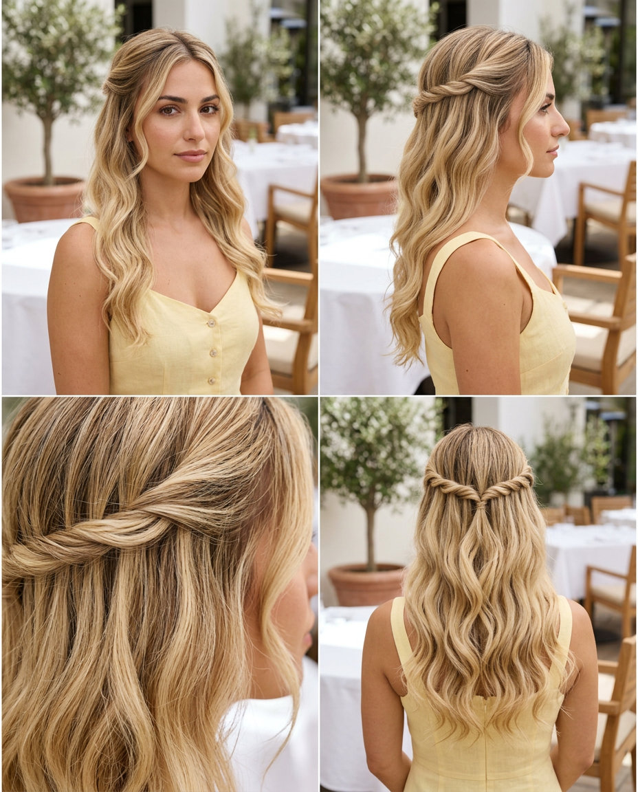 long buttercream blonde soft waves with face-framing twist for wedding guest