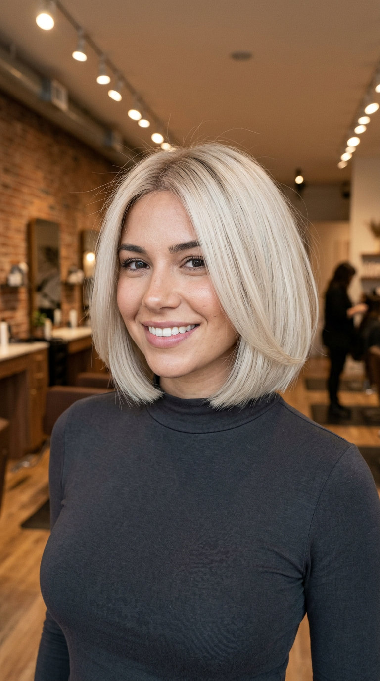 chin-length Italian bob haircut in buttercream platinum with champagne root smudge and blunt perimeter for elegant