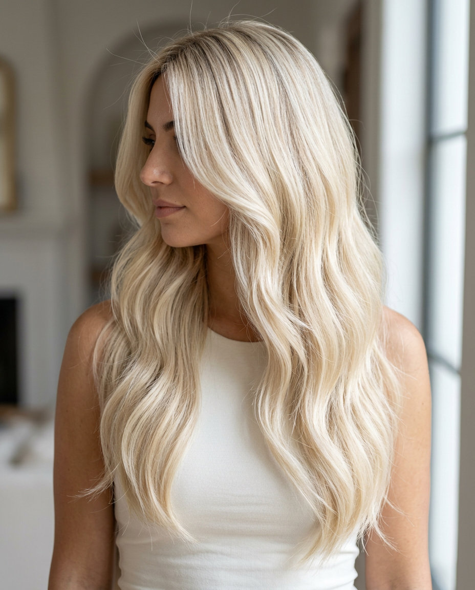 ultra-long buttercream platinum waves with sandy root smudge for formal events