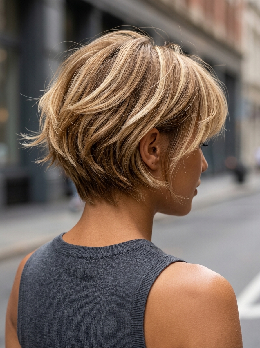 short buttercream highlight bixie haircut with bottleneck bangs and soft face-framing for a retro vibe