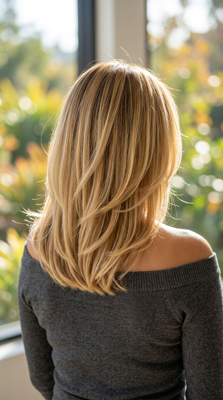 shoulder-length lived-in midi haircut with warm buttercream highlights, hand-painted balayage, no fringe — sun-kissed daily wear