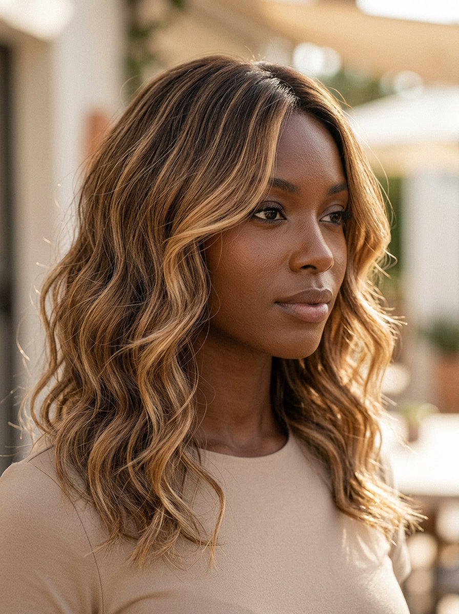 long butterscotch blonde balayage with honey highlights and dark chocolate roots, heatless waves, no fringe — summer date night
