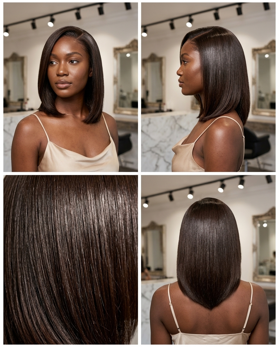 medium sculpted midi haircut in deep cacao brown with high-gloss finish for formal events