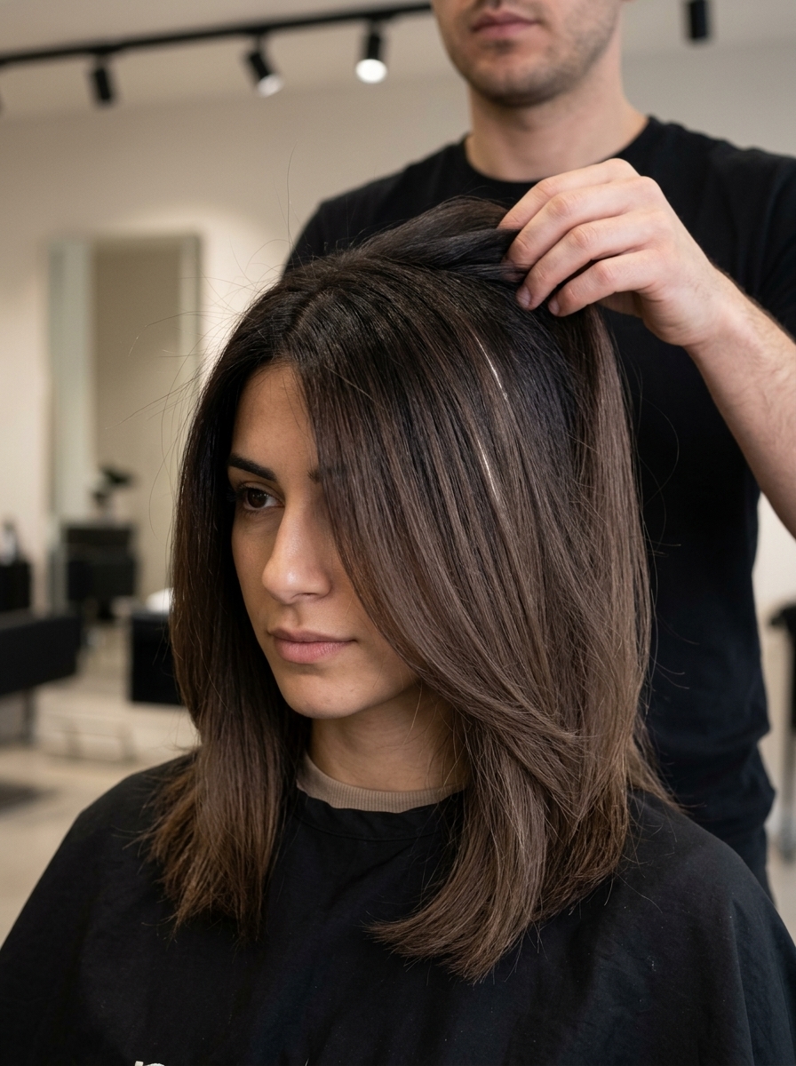 long blunt cut espresso brunette with neutral cacao color melt for summer