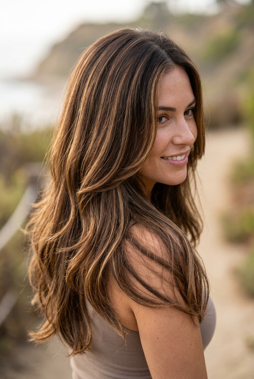 long U-cut waves with caramel balayage, face-framing layers, no bangs — warm bohemian style