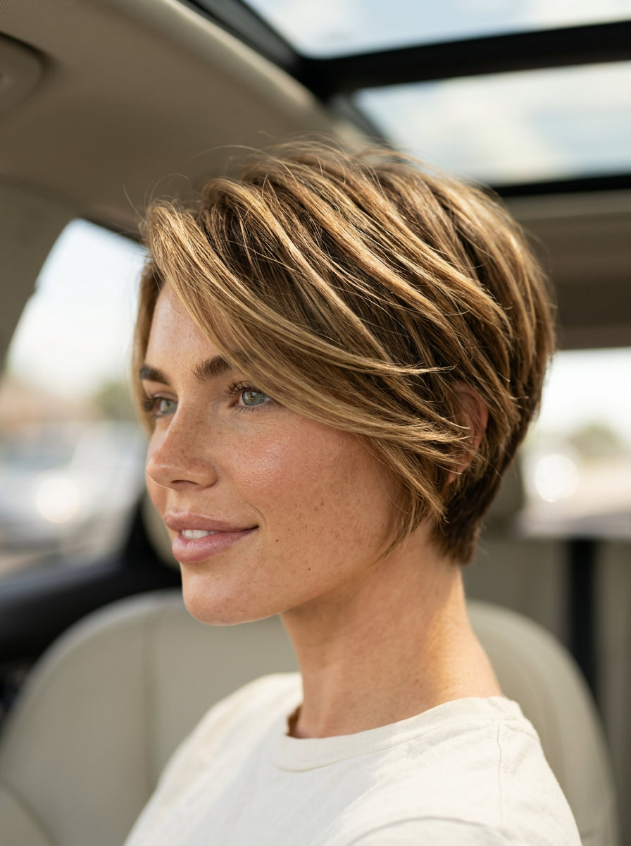 Caramel Balayage Pixie Haircut 2026 very short pixie haircut in warm caramel balayage with soft diffused layers & piecey fringe for summer