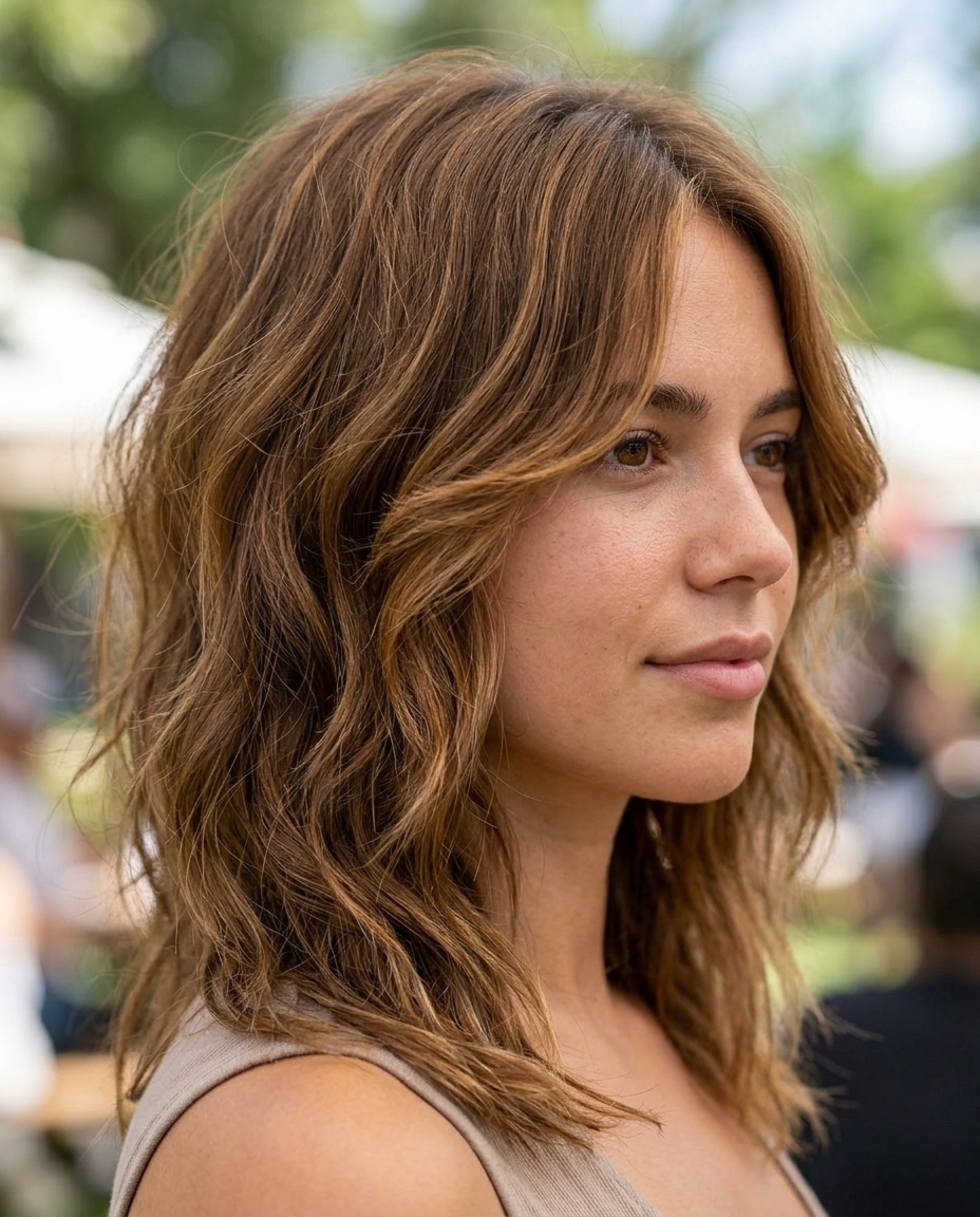 collarbone wavy hairstyle with caramel brunette, golden babylights and kitty cut for festivals