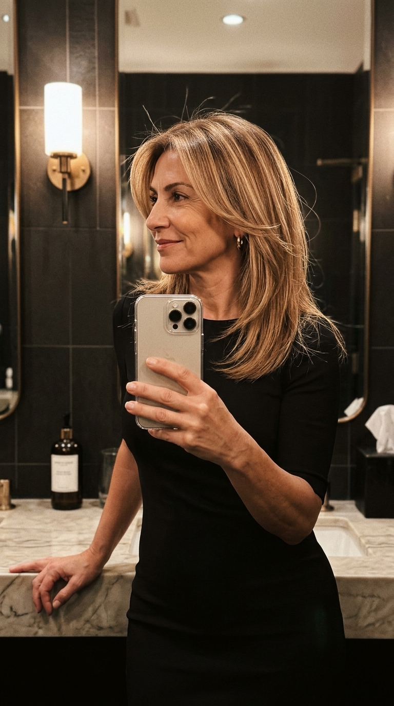 collarbone-length mid-length haircut with caramel blonde, golden honey highlights, no bangs for daily wear