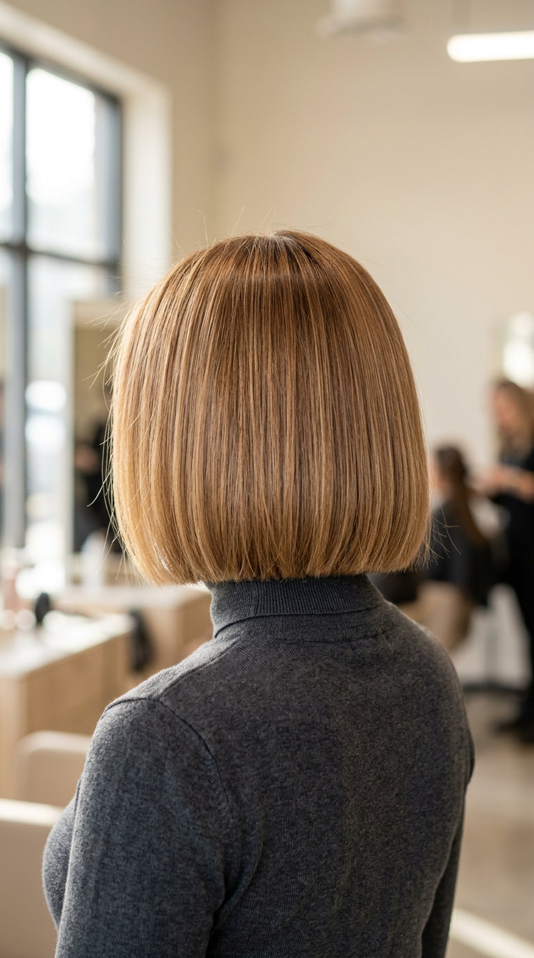 chin-length caramel honey blonde blunt bob with a sharp perimeter and center part for a sleek look