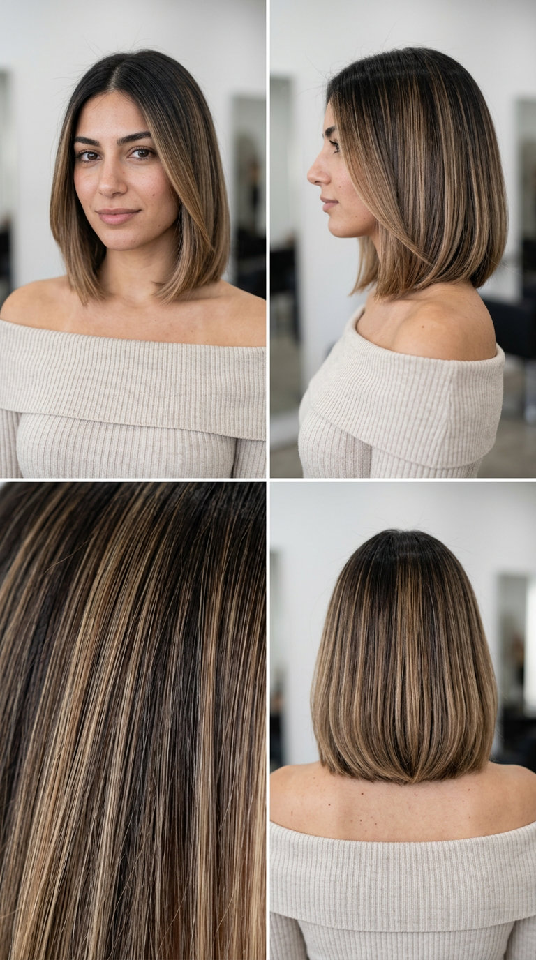 collarbone-length caramel honey blonde bob with diffused highlights and a middle part for a sophisticated look