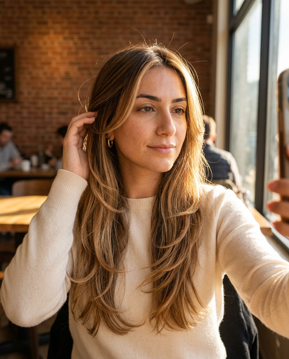 long balayage caramel honey blonde with face-framing highlights, for beach waves